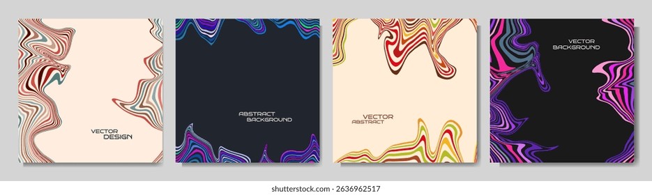 Vector illustration. Set of wavy linear swirls with dynamic waves. Minimal design elements for flyer, leaflet, voucher, vertical background. Liquid distortion hypnotic concept. Retro style wallpaper