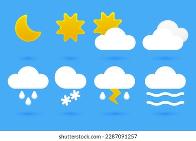 Vector illustration set of weather icons for use in web and mobile interfaces. Collection includes cartoon 3D icons for sunshine, rain, snow, thunderstorm, mist. Use in weather forecast apps, websites