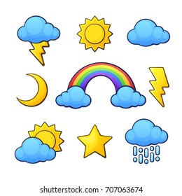 Vector illustration set. Weather symbols in cartoon style with contour. Sun, crescent, star, cloud, rain, rainbow, cloud with rain and lightning. Isolated on white background