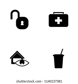 Vector illustration set web icons. Elements cup of drinks, house supervision, first aid kid and open lock icon on white background
