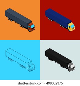 Vector illustration. Set of web icons trucks in different styles. Colorful, monochrome, outline. Isometric, 3D