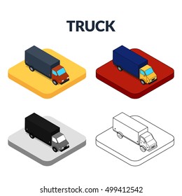 Vector illustration. Set of web icons trucks in different styles. Colorful, monochrome, outline. Isometric, 3D