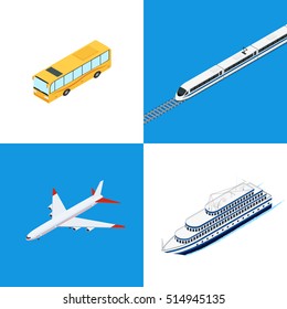 Vector illustration. Set of web icons public passenger transport. Bus, train, plane, ship. Isometric, 3D. Design for ticket sales, travel and tourism.