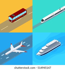 Vector Illustration. Set Of Web Icons Public Passenger Transport. Bus, Train, Plane, Ship. Isometric, 3D. Design For Ticket Sales, Travel And Tourism.