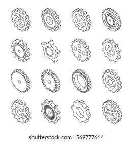Vector illustration. Set of web icons mechanical gears on a white background. Isometric, 3D. contour, outline