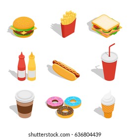 Vector illustration. Set of web icons for fast food restaurant. Burger, hot dog, drinks, donuts, ice cream, French fries, sandwich. Isometric, 3D.