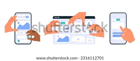 Vector illustration set of web UI-UX design. Human hands working on web interface design for website or mobile application.