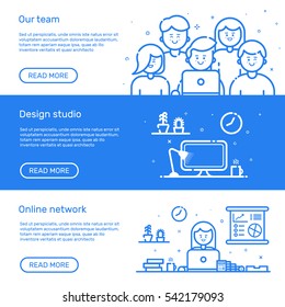 Vector Illustration Of Set Website Banners With Blue Icon In Flat Line Style. Linear Cute And Happy People Teamwork. Design Concept Of Our Team, Design Studio, Online Network For Website.