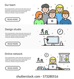 Vector illustration of set website banners with colored icon in flat line style. Linear cute and happy people teamwork. Design concept of our team, design studio, online network for website.