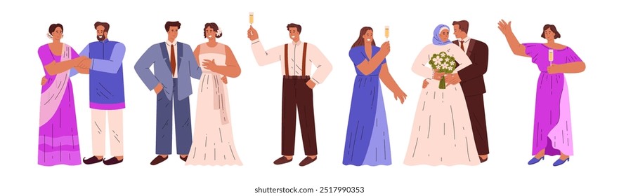 Ilustração vetorial de um conjunto de casais de casamento em roupas tradicionais comemorando com convidados. Personagens abraçando e levantando óculos em estilo de desenho animado plano em fundo isolado.