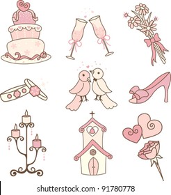 A vector illustration of a set of wedding icons