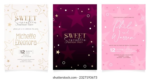 Ilustración vectorial Conjunto de tarjetas de invitación a boda con estrellas o antecedentes de invitación a fiesta de cumpleaños para cubrir elementos, banner social media, publicidad de afiches, campaña de materiales publicitarios
