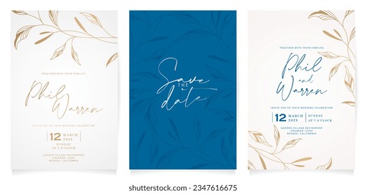 conjunto de ilustraciones vectoriales diseño de plantillas de invitación de boda con hojas de oro estilo minimalista para la plantilla de tarjetas de felicitación, Stationery, Layout, collage, diseños de escenas, volantes de eventos, materiales de impresión