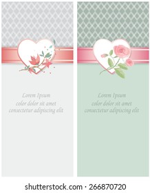 Vector illustration of a set of wedding invitation templates in pastel soft colors with ribbon and heart  decorated with flowers