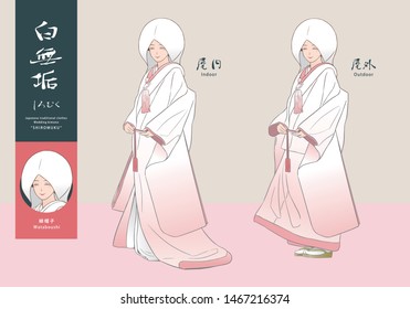 Vector Illustration - Set of wedding kimono "Shiro Muku". The bride is wearing a “Wata Boushi” on head. (translation of calligraphy: Shiro Muku, Indoor, Outdoor)
