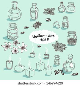 Vector illustration set with wellness and spa motives. candles, bottles with massage oil, mint and jasmine flower. 