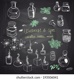 Vector illustration set with wellness and spa motives. candles, bottles with massage oil, mint and jasmine flower. Chalk Board.