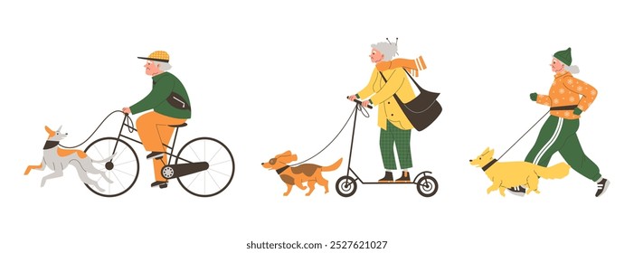 Vector illustration of a set where senior people of different genders enjoy an active lifestyle with pets. Characters on a bike, scooter and on foot with dogs. Flat style. Isolated background.