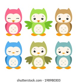 Vector illustration of a set of whimsical cartoon owls