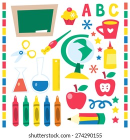 A vector illustration set of whimsical retro back to school design elements.