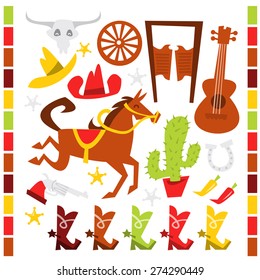 A vector illustration set of whimsical wild western theme clip art.
