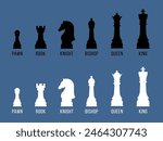 Vector illustration set of white and black chess pieces with their names labeled on a blue background