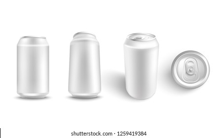 Vector illustration set of white blank aluminum can mockup from different angles for alcohol or fizzy drink branding and advertising in realistic 3d style - isolated metallic pack for beer or soda.