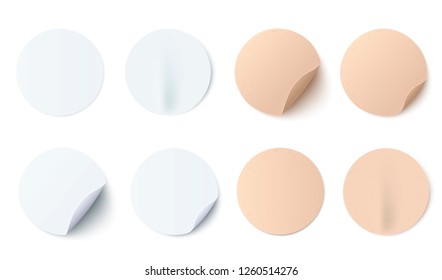 Vector illustration set of white and brown round blank paper stickers in realistic style - mock up collection of circle adhesive curled paper labels isolated on white background.