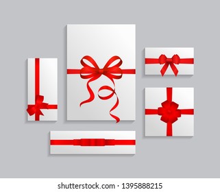 Vector illustration set of white gift box, red color bow knot, ribbon. Collection of gift boxes, top view, isolated on white background.