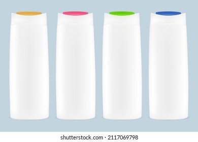 Vector illustration. Set of white plastic shampoo bottles or shower gels with colored caps on a colored isolated background with shadows. Mockup template for your design.