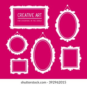 Vector illustration of set of white rectangular and oval frames on pink background. Art design for web, site, advertising, banner, poster, flyer, brochure, board, card, paper print.