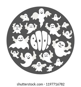 Vector illustration:  set of white scary ghost icon isolated on black circle moon shape on white background. Decorative elements for Halloween party greeting cards, posters, postcards, scrapbooking
