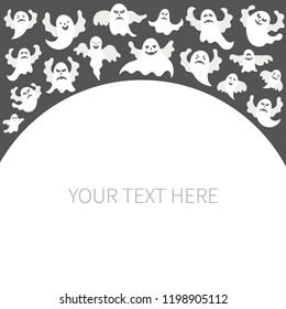 Vector illustration:  set of white scary ghost icons on the upper part isolated on black background. Decorative elements for Halloween party greeting cards, posters, postcards, scrapbooking
