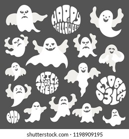 Vector illustration: set of white scary monsters ghosts and handdrawnletterings isolated on black background. Decorative elements for Halloween party greeting cards, posters, postcards, scrapbooking
