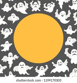 Vector illustration: set of white scary ghost icons fly around yellow circle moon isolated on black background. Decorative elements for Halloween party greeting card, posters, postcards, scrapbooking
