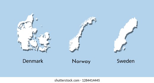 Vector illustration set with white silhouettes of Scandinavian States maps (simplified outlines). Denmark, Norway, Sweden. Blue background