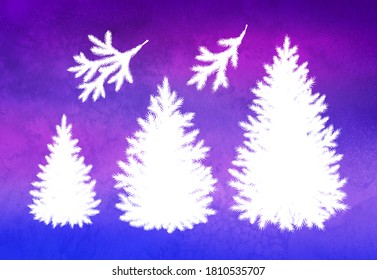 Vector illustration set of white silhouettes of Christmas trees and branches  on neon purple colored background with watercolor texture.