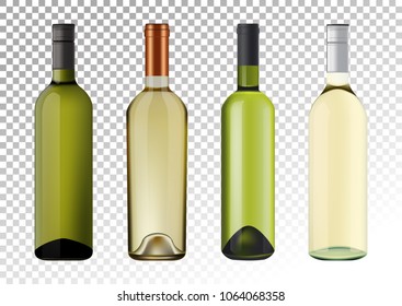 Vector illustration. Set of white wine bottles in photorealistic style. A realistic objects on a transparent background. 3D Realism.