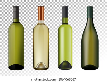 Vector illustration. Set of white wine bottles in photorealistic style. A realistic objects on a transparent background. 3D Realism.