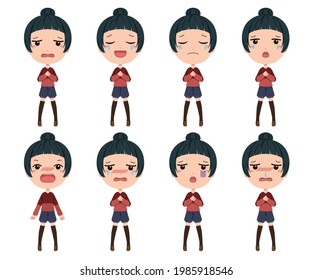 Vector illustration set of the whole body of a girl who is angry, crying or catching a cold