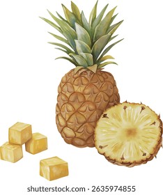 Vector illustration set with a whole pineapple, half pineapple, pineapple slice, and pineapple ring. Bright tropical fruit illustrations in flat or cartoon style. Perfect for exotic recipes, smoothie 