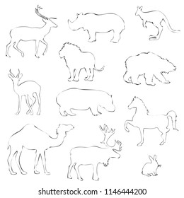 vector illustration set of wild animals isolated on white background, linear design
