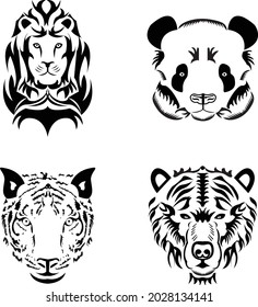 Vector illustration of a set of wild animals icons silhouettes. Vector set figures of wild animals isolated on white background. Black silhouettes of lion, panda, bear, and tiger.