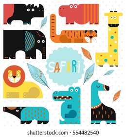 Vector illustration. Set of wild animals on a white background. Flat design.