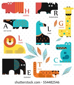Vector illustration. Set of wild animals on a white background. Flat design. English alphabet. English letters.