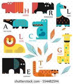 Vector illustration. Set of wild animals on a white background. Flat design. English alphabet. English letters.