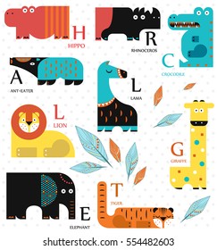 Vector illustration. Set of wild animals on a white background. Flat design. English alphabet. English letters.