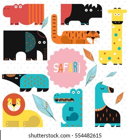 Vector illustration. Set of wild animals on a white background. Flat design.