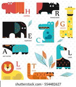 Vector illustration. Set of wild animals on a white background. Flat design. English alphabet. English letters.