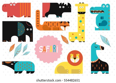 Vector illustration. Set of wild animals on a white background. Flat design.